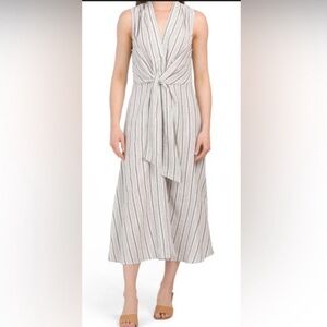 Tahari Blue White Striped Linen Blend Tie Front Midi Dress Size M Coastal